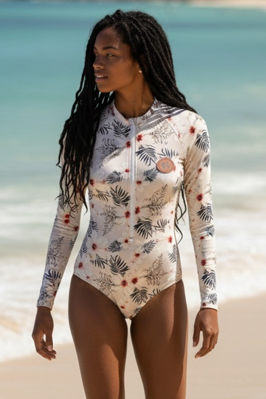 Paulina Sabioncello Brasil Tropical Floral Print Long Sleeve Zipper Front Surf B
